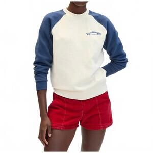 NEW CLARE V. embroidered sardine long sleeve sweatshirt in white/ blue